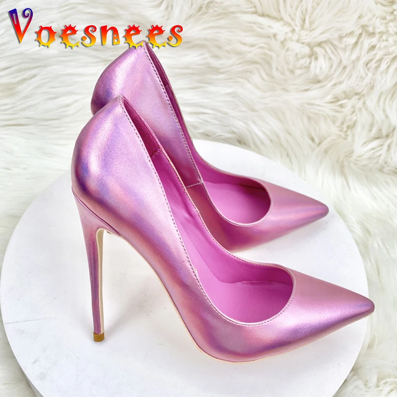 Ilusoria de Color Rosa Holograma de poca profundidad de la Boca de Bombas de 12CM de Verano de la Oficina de zapatos de Tacón Alto 2023 Nueva Moda de la Punta del Dedo del pie Vestido de Fiesta Zapatos