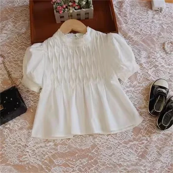 De Verano de las niñas Blusa Blanca de Algodón coreano Encaje Collar Tops para los pequeños Niños de la Moda de los Niños de Manga Corta Camisetas 4 8 12 14 16Year