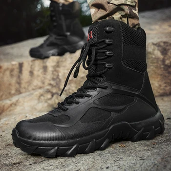 Los hombres Militares de Cuero Botas Hi-Tobillo Desierto Botas de Combate de Encajes y Laterales con Cremallera Zapatos de Trekking de Alta para Actividades al aire libre