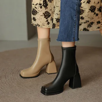 Otoño Nuevas Mujeres De Tobillo Botas Mujer De Pies Cuadrados De Bloque De Zapatos De Tacón Alto Zapatos De Damas Botas De Cremallera Trasera De La Moda De La Plataforma Modernas Botas Cortas