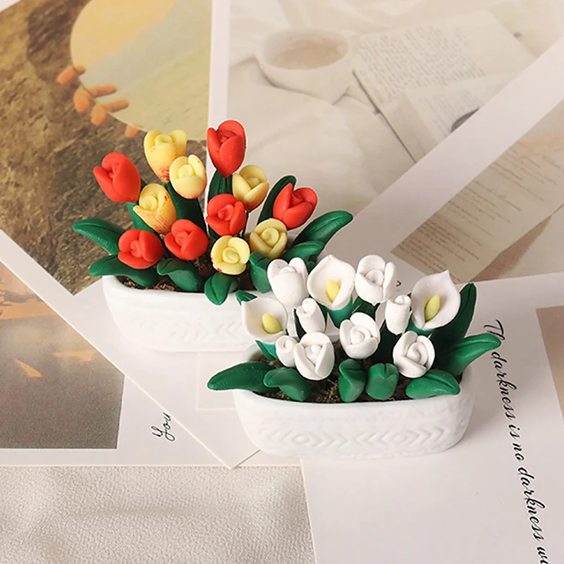 1:12 Jardín De La Casa De Muñecas En Miniatura Tulip Macetas De Flores Bonsai Modelo De Mini Planta En Maceta De Flores Bote Decoración Accesorios De Juguete
