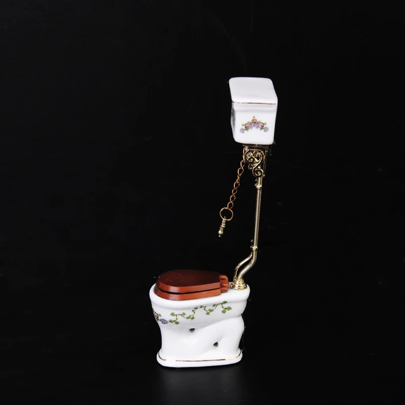 Vintage De Estilo Victoriano, Cuarto De Baño Inodoro De Porcelana De Casa De Muñecas En Miniatura Blanco + Oro