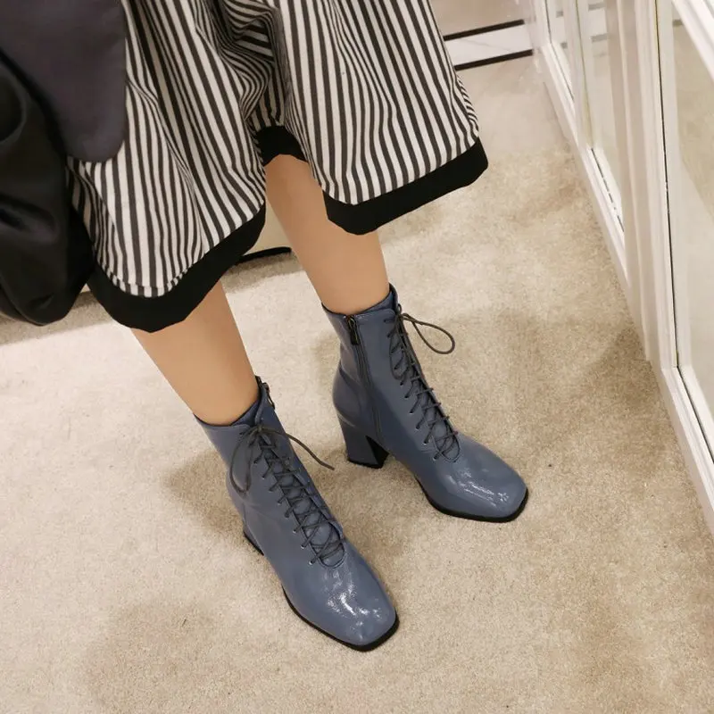 QPLYXCO Mayorista Azul marino Suave de la PU de Cuero de Mujer Zapatos Gruesos zapatos de Tacón Alto de Encaje-up Señora de Tobillo Botas de montar de Gran Tamaño 43 44