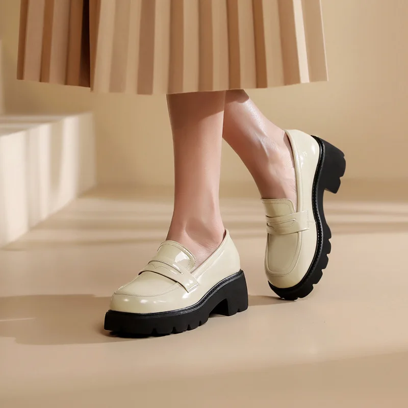 TAFN Zapatos de Mujer Estilo Británico Nueva Gruesa Suela Colegio de Estilo Casual Mocasines de Cuero Genuino Zapatos de Moda de las Niñas Zapatos de Lolita
