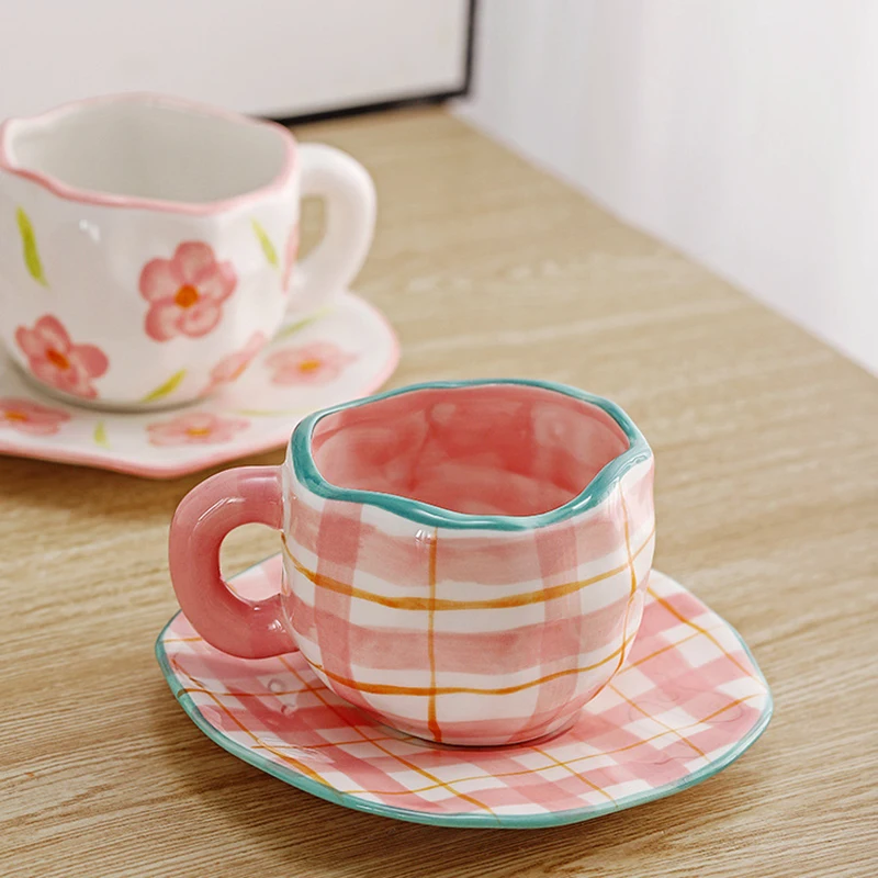Nórdicos Pink Plaid Taza de Café Establecer Irregulares de Cerámica Desayuno Leche de la Copa de la Cocina Bebiendo Tazas de Té decoración de la Mesa cristalería tazas