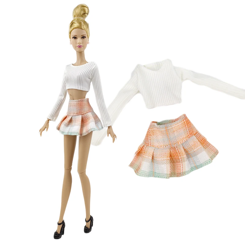 Prendas de moda para la Muñeca Barbie Top Blanco Naranja Plaided Faldas Zapatos de juego de Ropa Para Barbie 1/6 BJD Muñeca Accesorios Juguetes de Niños