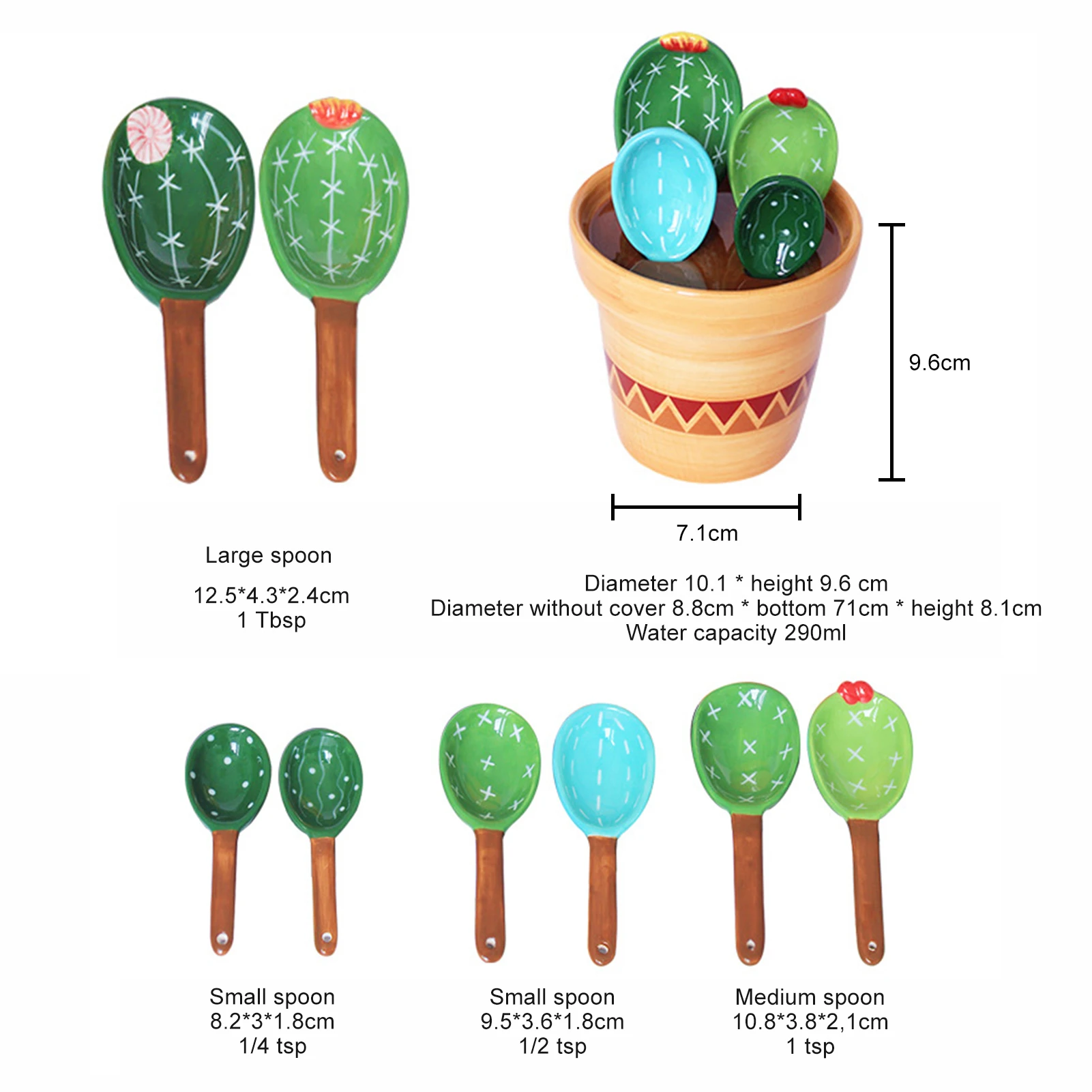 Dibujos animados de Cactus Cucharas de Medir Conjunto de Hornear Herramienta con la Titular de Soporte para la Medición de Seco y Mojado Ingredientes para Hornear