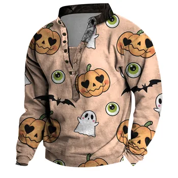 2023 de Halloween para Hombres Gráfico Impreso T-Shirt para Hombres, Invierno al aire libre de la Vendimia del V-Cuello de Botón de Moda de Manga Larga Camiseta de Deportes