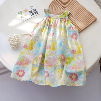 2023 Verano Coreano Niña Vestido De Algodón Sin Mangas De La Flor Impresa Suelta Strappy Niños Niña Niño Vestido De Las Niñas Trajes