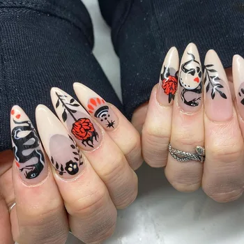 3D uñas acrílicas accesorios de serpiente negro rosa flores de diseño francés de almendra consejos de imitación de beauty nail prensa en acrílico falso suministros de uñas