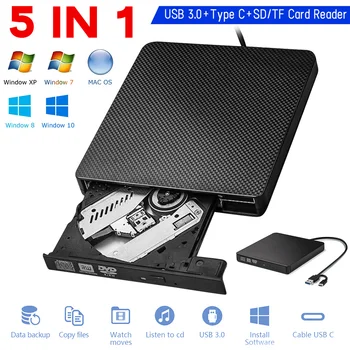 5 EN 1 Externa de CD, DVD RW, VCD Unidad Óptica USB 3.0 Tipo C con SD/TF Puertos Quemador de DVD, grabadora de CD para Macbook Portátil PC Portátil
