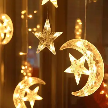 Accionado Solar De La Estrella De La Luna De La Cortina De Luces 8 Modos De Ventana Guirnaldas De Luces Para El Jardín Del Patio Trasero Patio De La Casa De Navidad, Ramadán Decoración