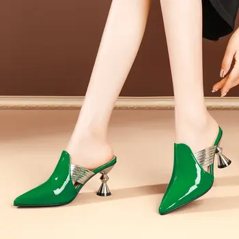 Alto Talón De Las Zapatillas De Punta Del Dedo Del Pie Zapatos De Mujer Elegante Mulas Zapatos De Las Mujeres Negro De Metal Verde Talón Al Aire Libre Zapatillas De Mujer De Gran Tamaño
