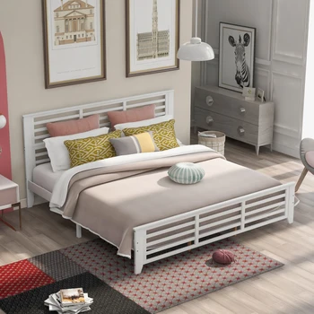 Blanco, cama King size, cama de Plataforma con franja horizontal hueco de forma Fácil de montar para interiores muebles de la sala