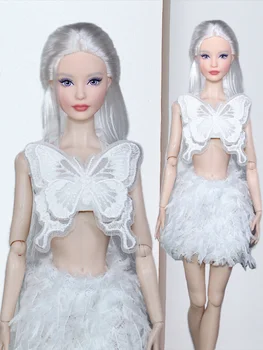 Blanco conjunto de ropa de mariposa top + falda de flecos / 30cm ropa de la muñeca de la moda de traje traje De 1/6 Xinyi FR ST Muñeca Barbie