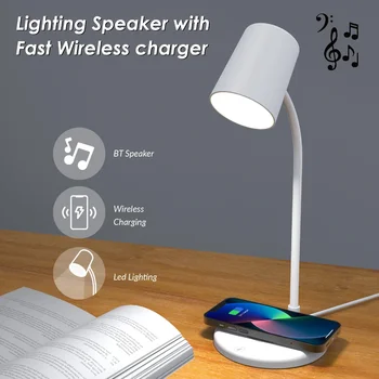 Carga inalámbrica Lámpara de Escritorio Altavoz Bluetooth 3 en 1 Luz de la Noche de Carga USB LED Lámpara de Escritorio de Audio Bluetooth, Cargador Inalámbrico