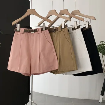 Color sólido pantalones de pierna ancha para las mujeres en el 2023 verano casual pantalones con cintura alta y delgada cintura cinturón a juego pantalones cortos