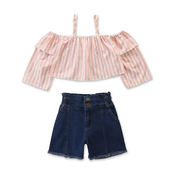 De verano de la Muchacha Conjunto de Blusa Rosada + Algodón Denim pantalones Cortos Trajes de los Niños de la Moda Conjunto de Ropa de Niños