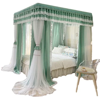 Doble capa mosquitera casa dormitorio sombreado cama cortina integrado de dos polos soporte de techo a prueba de polvo