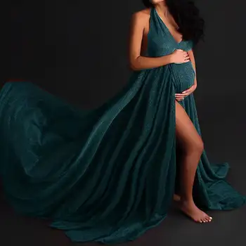 Espumoso de Seda de Plata Vestido de Maternidad para la sesión de Fotos, Brillante Halter SleevelessTail Vestido Largo para la Fotografía de la Ducha del Bebé