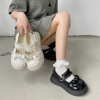 Grueso de la Plataforma de Mary Jane Hermoso Zapatos para Mujer de Cuero de Patente de Encaje Correa de Tobillo Bombas de Mujer 2022 Otoño Blanco Zapatos de Lolita
