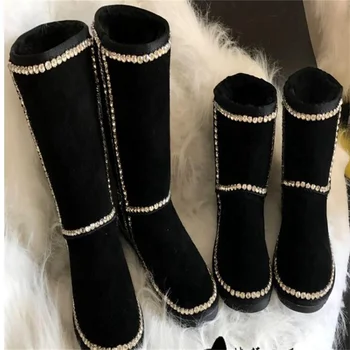 Hechos a mano de alta cubo de la moda de diamantes de imitación de botas para la Nieve Todo-en-uno de la Mujer de algodón, botas de imitación de diamante negro Simple de gran tamaño