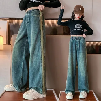 Jeans para Niñas Otoño Azul Recta Suelto Casual Hijos Adolescentes Ancho de la Pierna de los Pantalones de Cintura Elástica de la Moda de Todos-partido de los Niños Pantalones