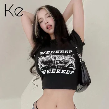 KE 2023 nuevo de las mujeres Europeas y Americanas de estilo de la moda impreso de manga corta T-shirt de las mujeres umbilical delgado tocando fondo corto superior