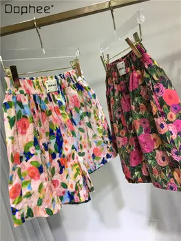 La Moda Impreso Exquisita Rhinestone Cortos De Mujeres 2023 Verano Nueva Cintura Elástica Floral Pantalones De Pierna Ancha A Todos-Partido De Ropa De Mujer