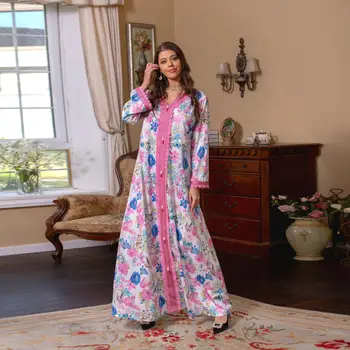 Las Mujeres De La Primavera Rosa Étnicos, Florales Impresos Vestido Largo Musilim V-Cuello De Encaje De Cinta Eid Mubarak Ropa Modesta Dubai Abaya Túnica 2023