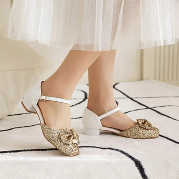 Las niñas de la Princesa de los Zapatos de Moda Arco de Lentejuelas Puntera Redonda Niños Sandalias de Tacón Grueso Casual Zapatos de Rendimiento