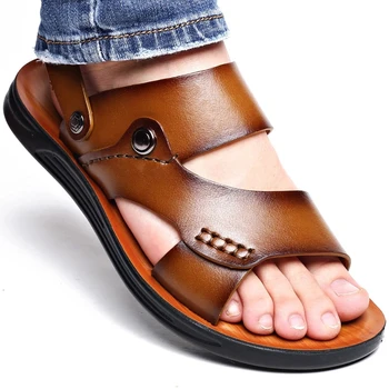 Los hombres de las Sandalias de Verano Nueva Moda Hombre Diapositiva Zapatillas al aire libre, de Cuero Genuino Zapatos antideslizantes Playa Slip-On Sandalias Zapatillas de Viaje