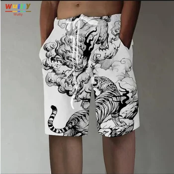 Los hombres del Tigre Gráfico Casuales Cortos en 3D Patrón de los Animales León Boardshorts de los Hombres/de las Mujeres del Hip Hop Drawst Impresión de Playa Pantalón Corto Blanco
