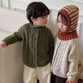 Los niños Suéter de 2023 Otoño Estilo coreano Niños y Niñas de Color Mezclado de la Personalidad Cool Cardigan Suéter de Bebé de Moda de la capota