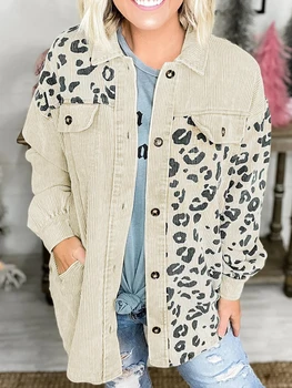 Moda Mujer Blusa de 2023 Otoño Invierno de la Impresión del Leopardo de Pecho Solo de Pana de Camisas y Blusas de las Mujeres de la Camisa Chaqueta de Abrigo de Tops