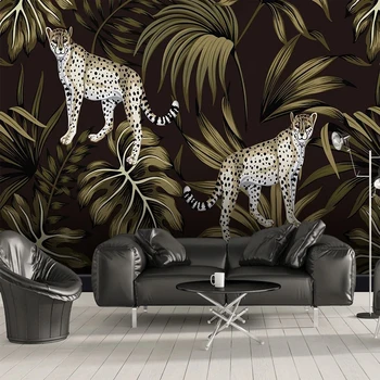 Moderno fondo de pantalla en 3D Tropical de las Hojas de la Planta Forestal Cheetah Animales Mural Fotográfico de la etiqueta Engomada para el Dormitorio de TV de Fondo Decoración de la Pared