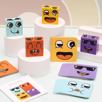 Montessori De Madera Expresión Enfrentar El Cambio Cube Puzzle De Bloques De Construcción De Juego Del Partido De Los Padres De Interacción De Los Niños Juguetes Educativos, Regalos
