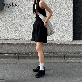 Neploe de la Moda de Alta Cintura de la Mujer Pantalones Casual Recta Suave pantalones Cortos Sueltos Japón a Principios de Otoño Fruncido Muescas Cortos para las Mujeres
