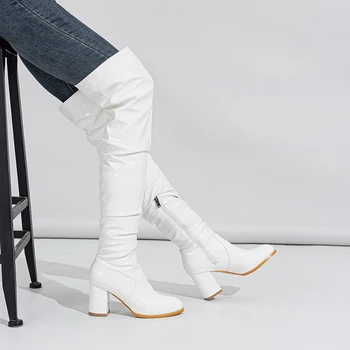 Nuevo Estilo del Dedo del pie Redondo Grueso de las Mujeres de Tacón Alto Botas de Diseñador Zapatos de Cuero de Patente de Largo Botines Más de la Rodilla Botas De Mujer