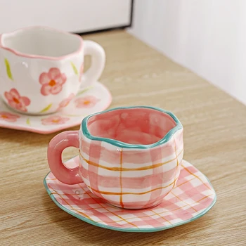 Nórdicos Pink Plaid Taza de Café Establecer Irregulares de Cerámica Desayuno Leche de la Copa de la Cocina Bebiendo Tazas de Té decoración de la Mesa cristalería tazas