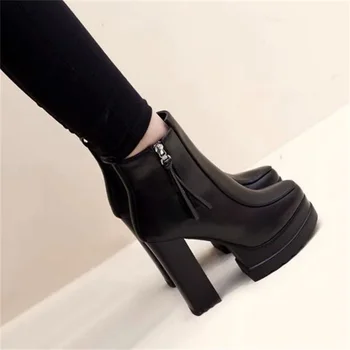 Plataforma grueso de tobillo botas Mujer 10CM super zapatos de tacón alto de estilo Británico lado de la cremallera de la prenda impermeable de la plataforma de Martin botas de más de felpa