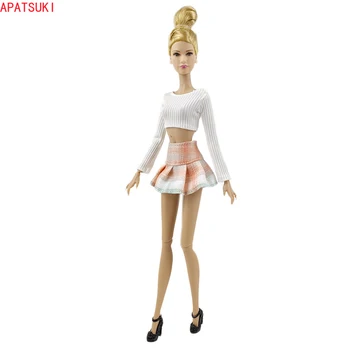 Prendas de moda para la Muñeca Barbie Top Blanco Naranja Plaided Faldas Zapatos de juego de Ropa Para Barbie 1/6 BJD Muñeca Accesorios Juguetes de Niños