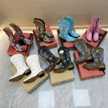 Retro Vaquera-Occidental de Bordado Zapatos Vintage de Imitación de Gamuza de Cuero de la PU de Plantas Florales Patrón más a la moda Boho Martin Caballo de Caballero de las Botas