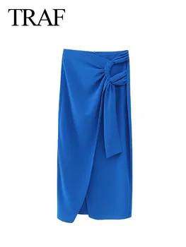 TRAF Femenina Chic Faldas Largas Azul Cintura Alta Pliegues Asimétricos Decorar el Dobladillo de la Rendija de la Cremallera de la Mujer de Moda de Verano Slim Faldas