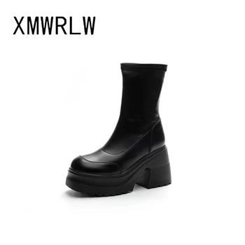 XMWRLW la Plataforma de Mujeres Botas de Cuero Genuino Botas de Tobillo Para Mujer Otoño Invierno Zapatos de Moda zapatos de Tacón Alto Deslizamiento sobre el Arranque de Señoras